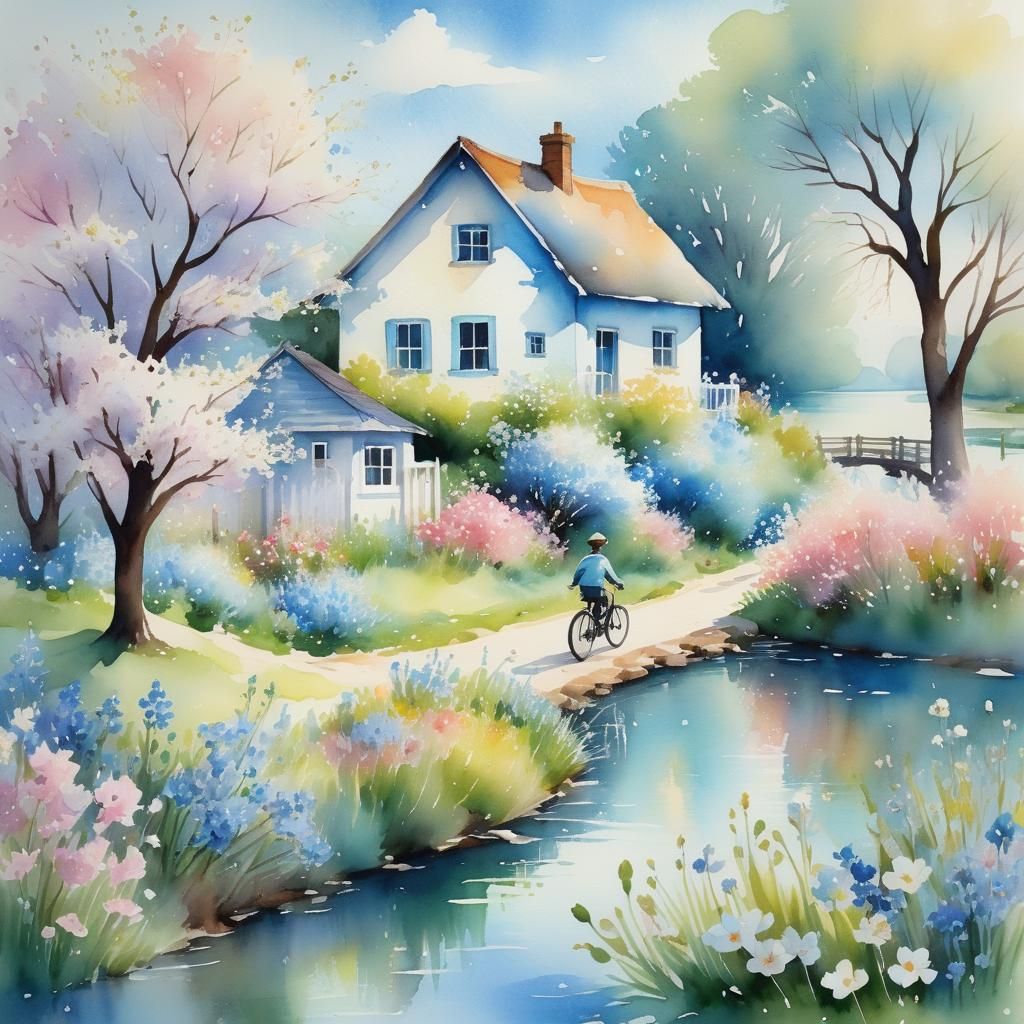 Idyllic Spring Landscape with Boy on Bicycle in Watercolor