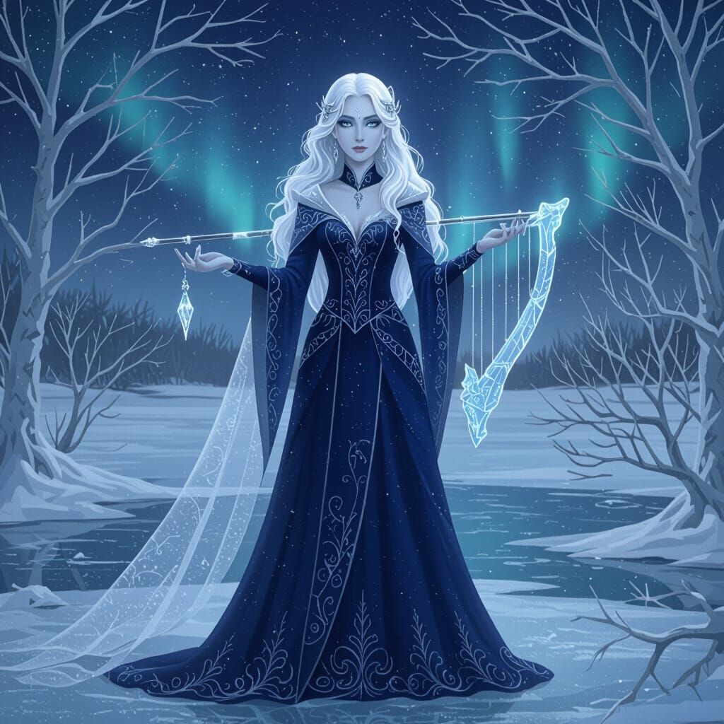 Eladrin Bard on Frozen Lake in Anime Style