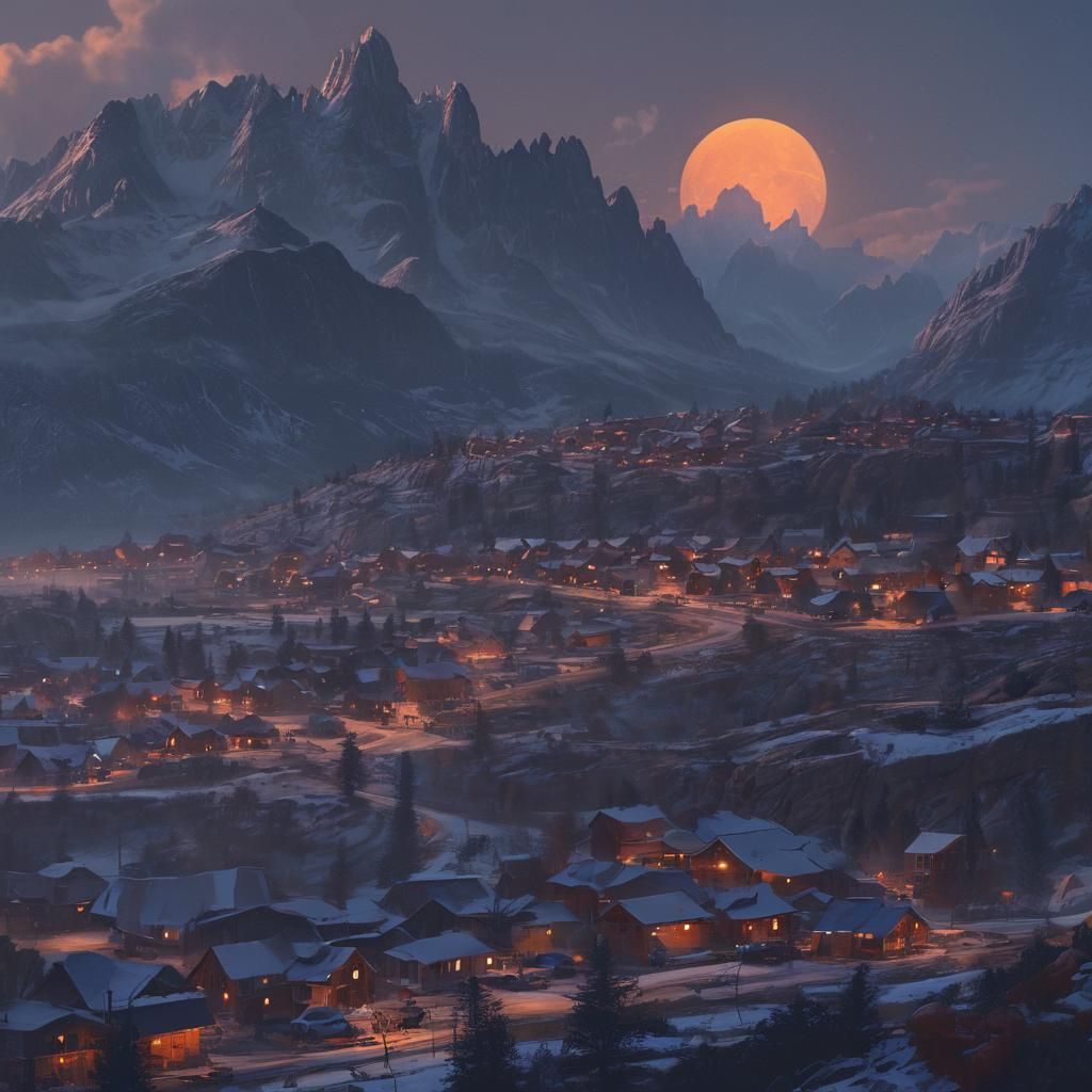 Texas Town Under Moonlight in a Matte Painting Style