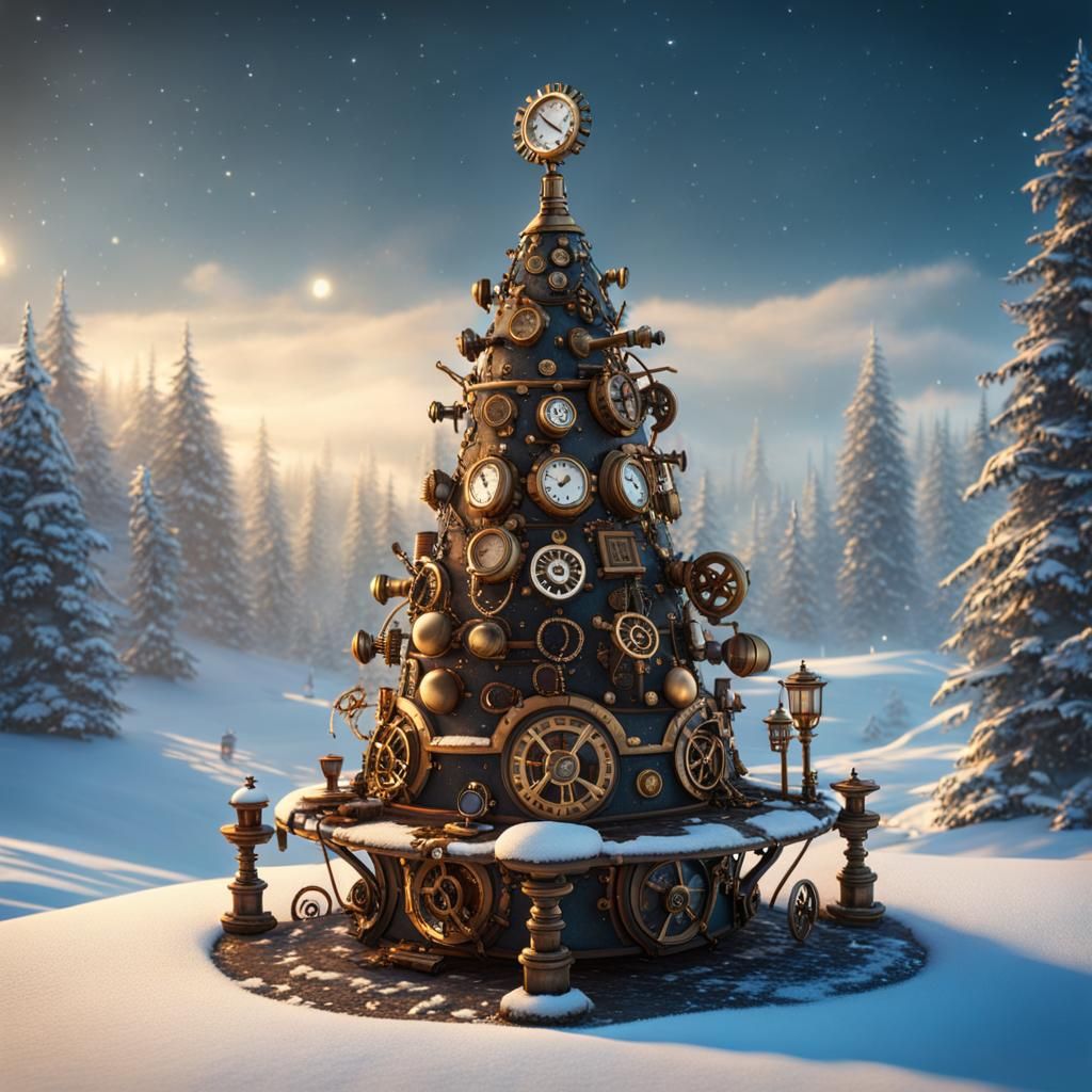 Steampunk Christmas Tree in Snow, Matte Painting