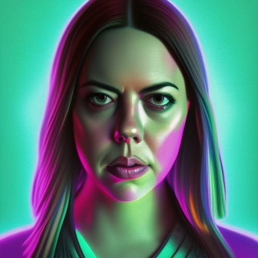 Ominous Portrait of Aubrey Plaza in Lisa Frank Style