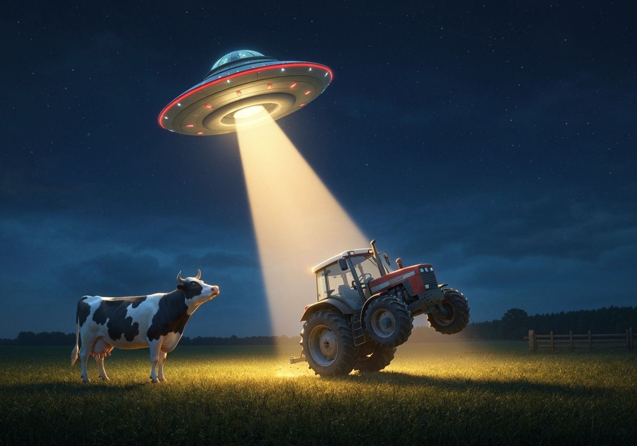 Comedic Farm Scene: Tractor Abducted by UFO