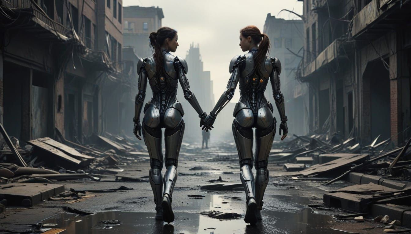 Cyborg Women Walking Through a Desolate Cityscape