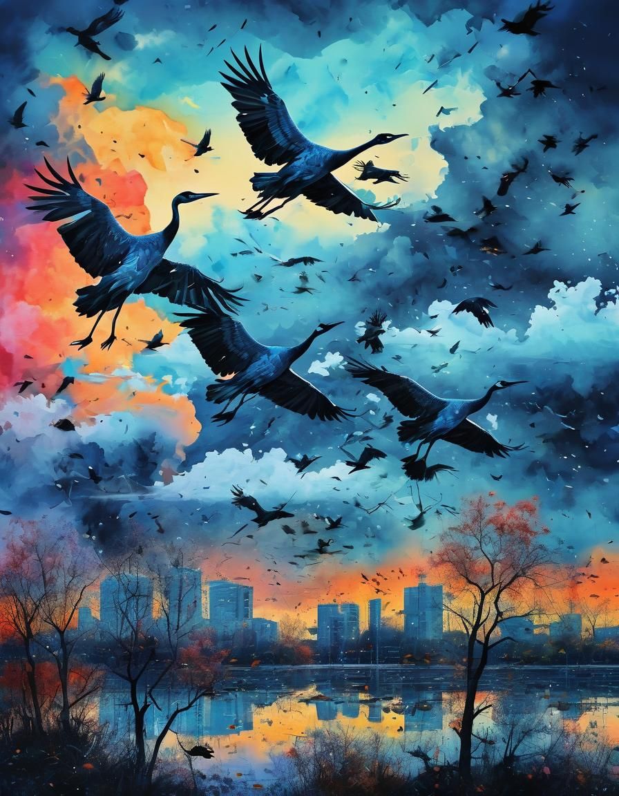 Cranes Flying, Crows Sad: Double Exposure in Watercolor