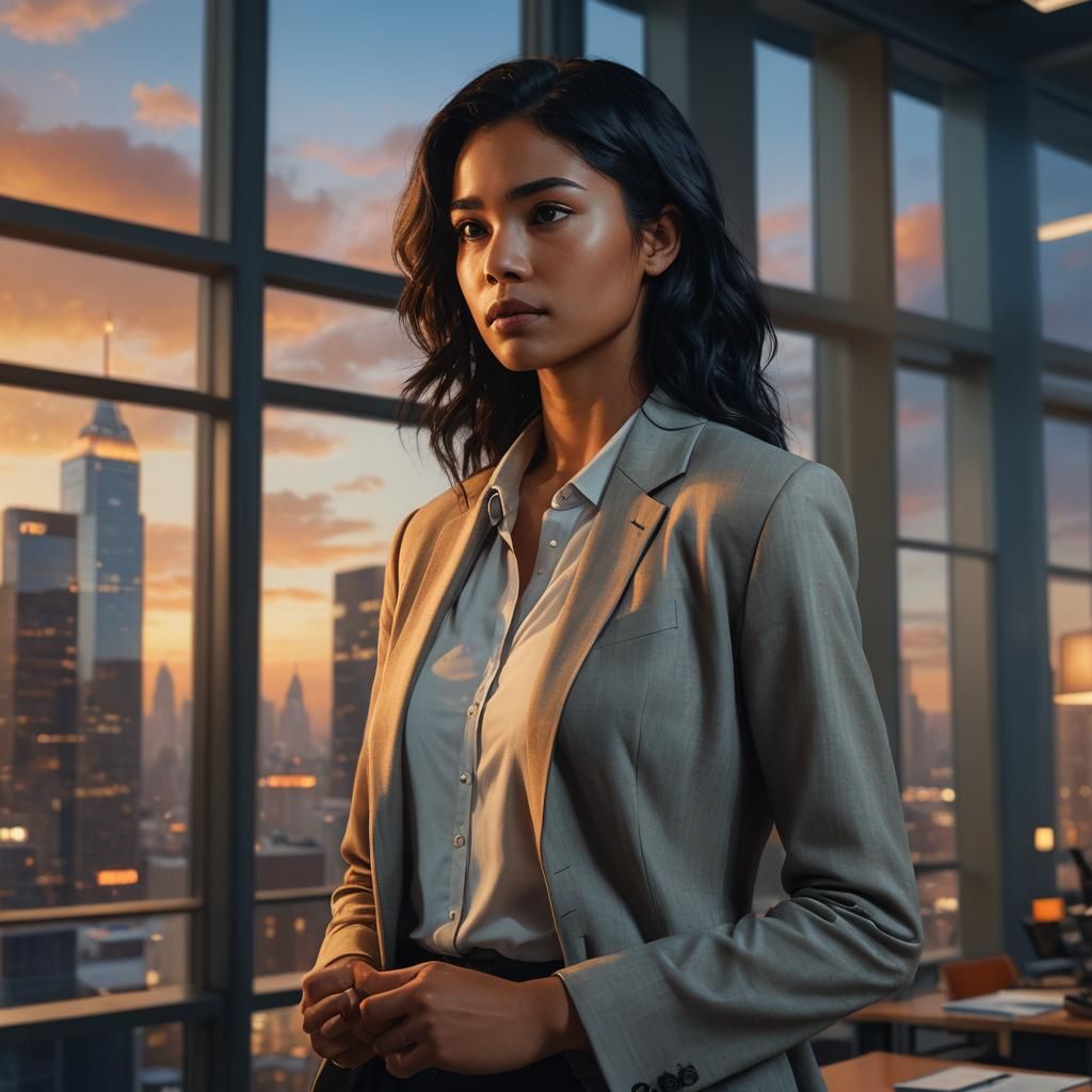Woman in Corner Office at Dusk: Photorealistic Art