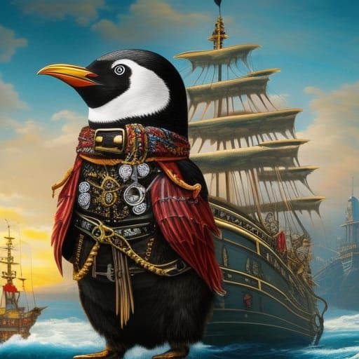 Steampunk Penguin Pirate in Ornate Icy Seas