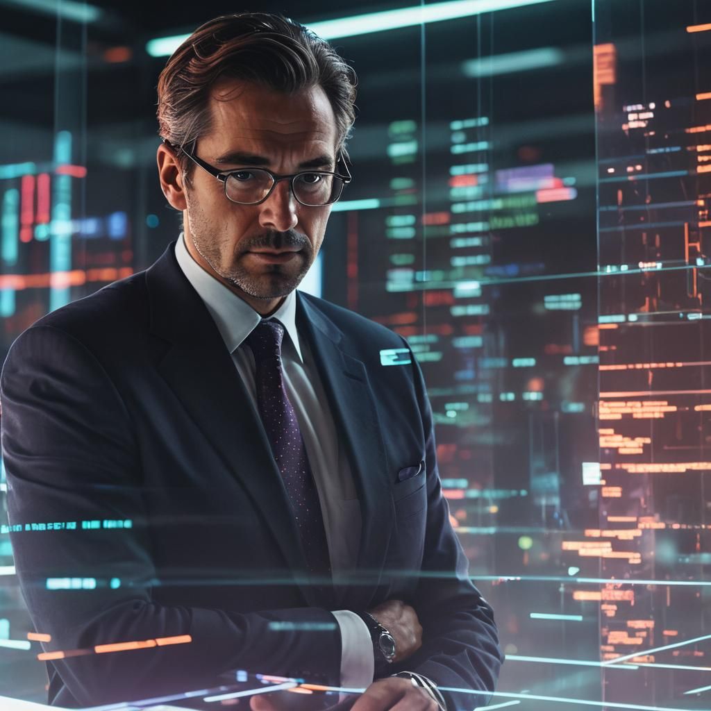 Executive Scrutinizing Data Streams in Cyberpunk Style