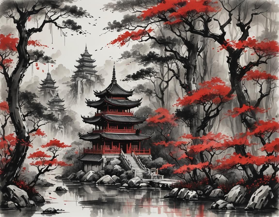 Pagoda in Forest: Chinese Ink Art Scroll