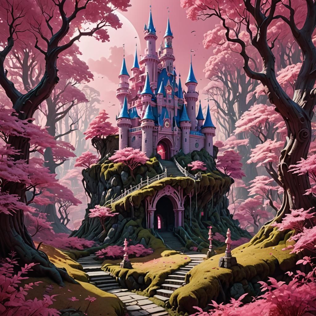 Pink Forest and White Castle Surreal Digital Painting