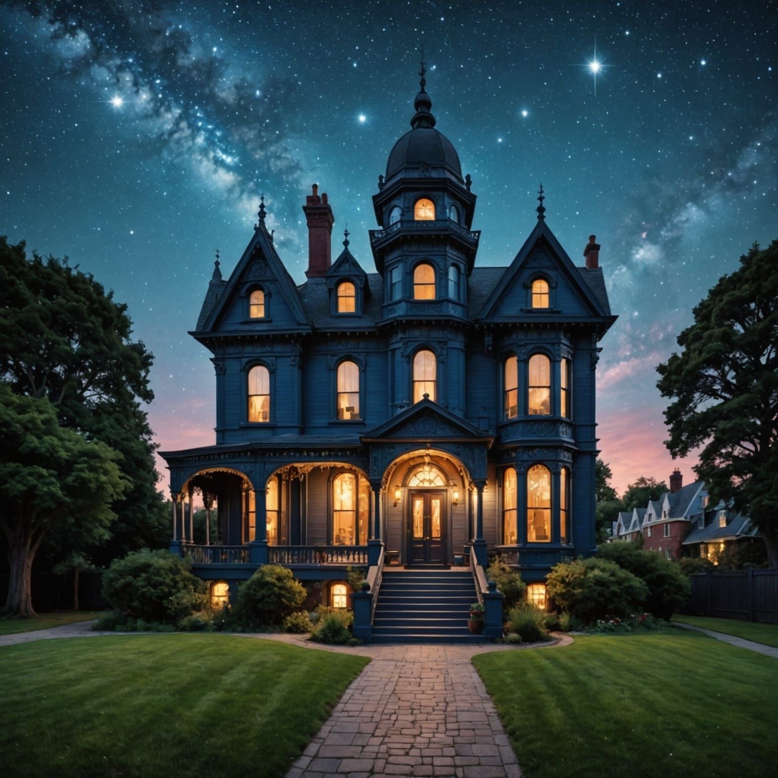 Victorian Mansion Under Starry Sky