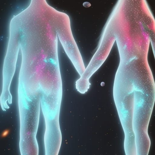 Celestial Lovers Stroll Through Galaxy: Digital Art
