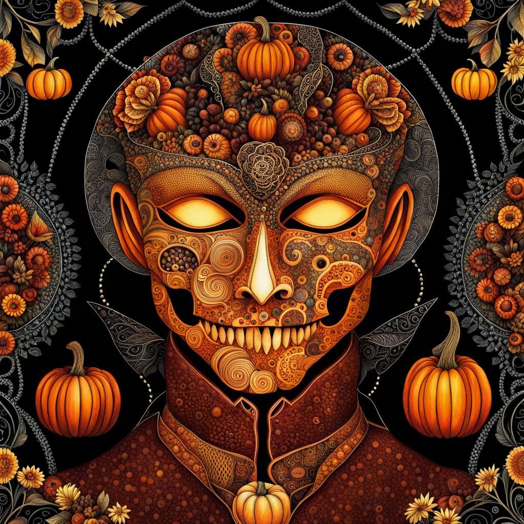 mixed media painting of jack o lantern man at Halloween, zentangle, beautiful crazy flowers, trees, fantasy, abstracta...