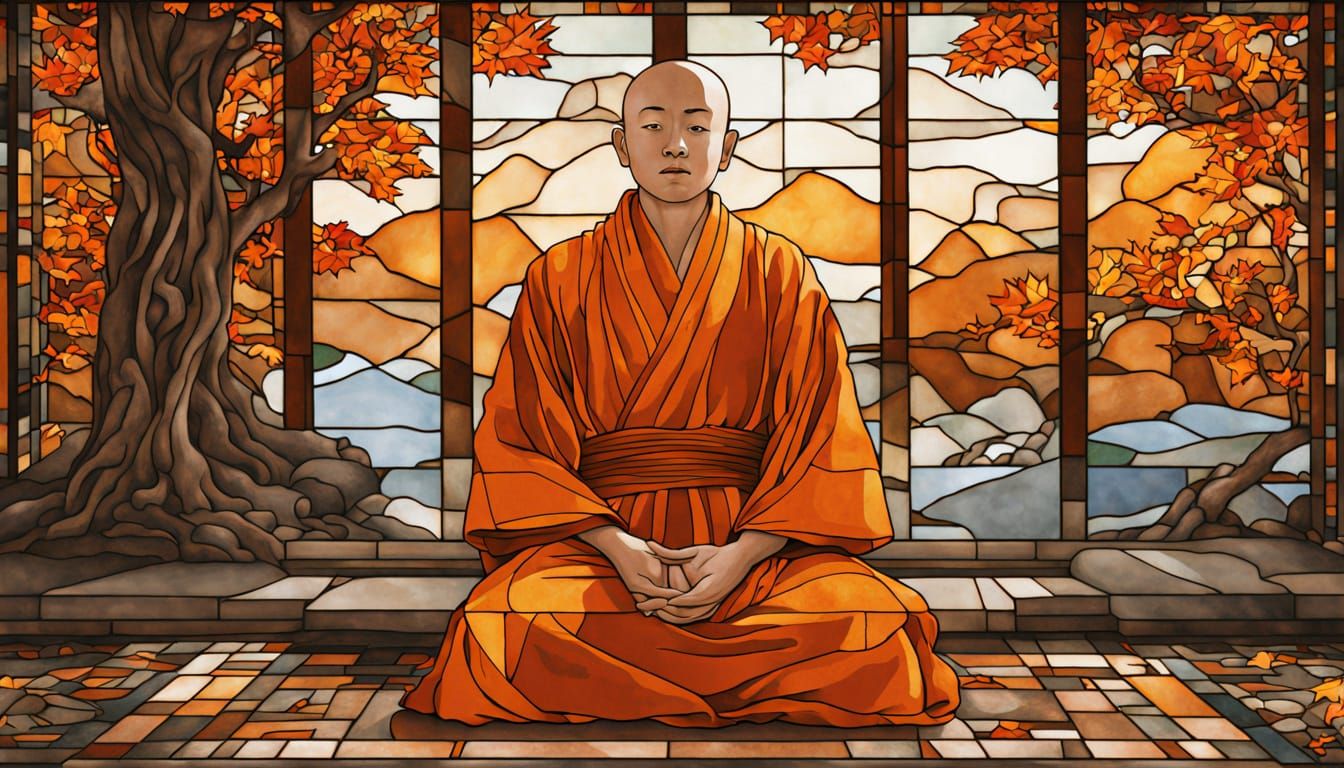 Meditating Monk in Stained Glass Mosaic
