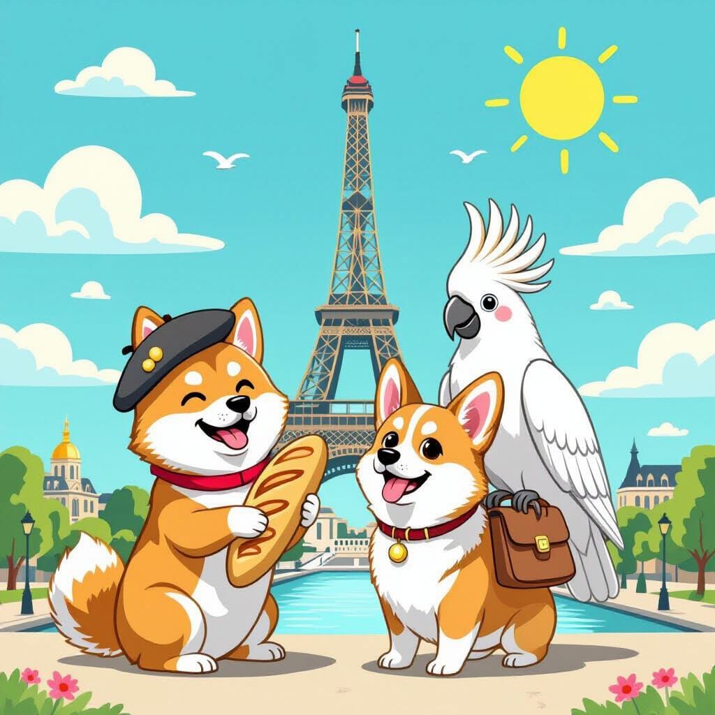 Shiba Inu, Corgi, Cockatoo Selfie at Eiffel Tower