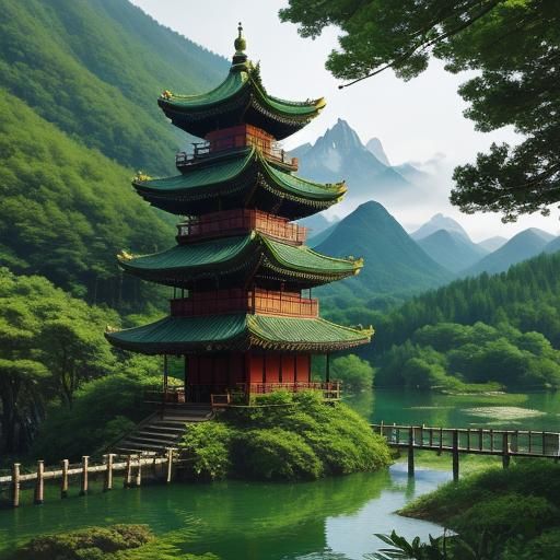 Chinese Building in Miniforest Landscape