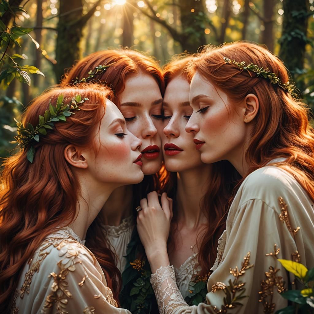 Three Redhead Girls Embracing in Forest: Digital Art