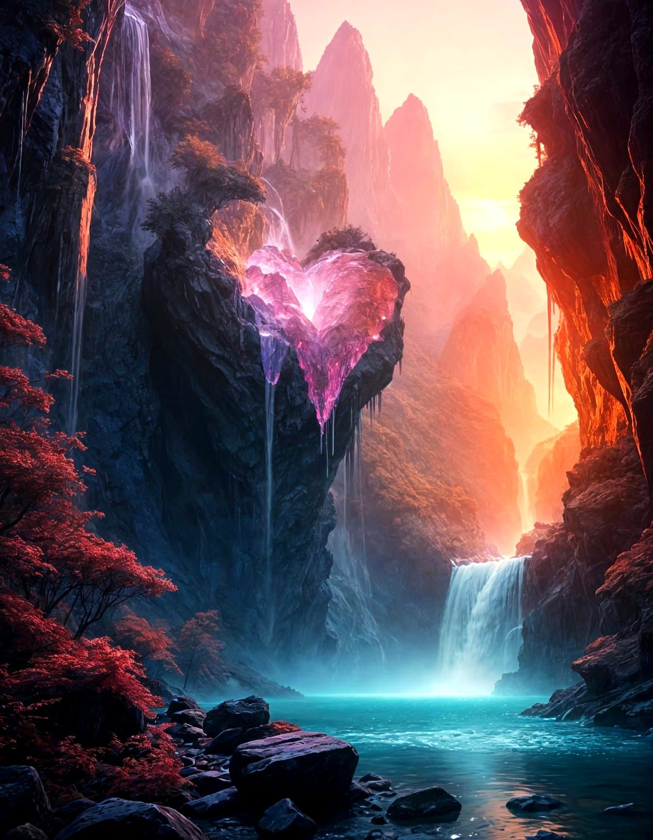Glowing Crystal Heart Waterfalls in Sunset Lighting