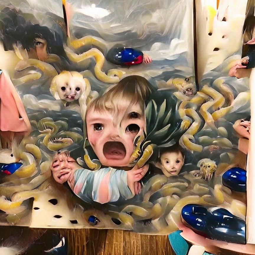 Terrified Baby Surrounded by Spiders: Surreal Painting