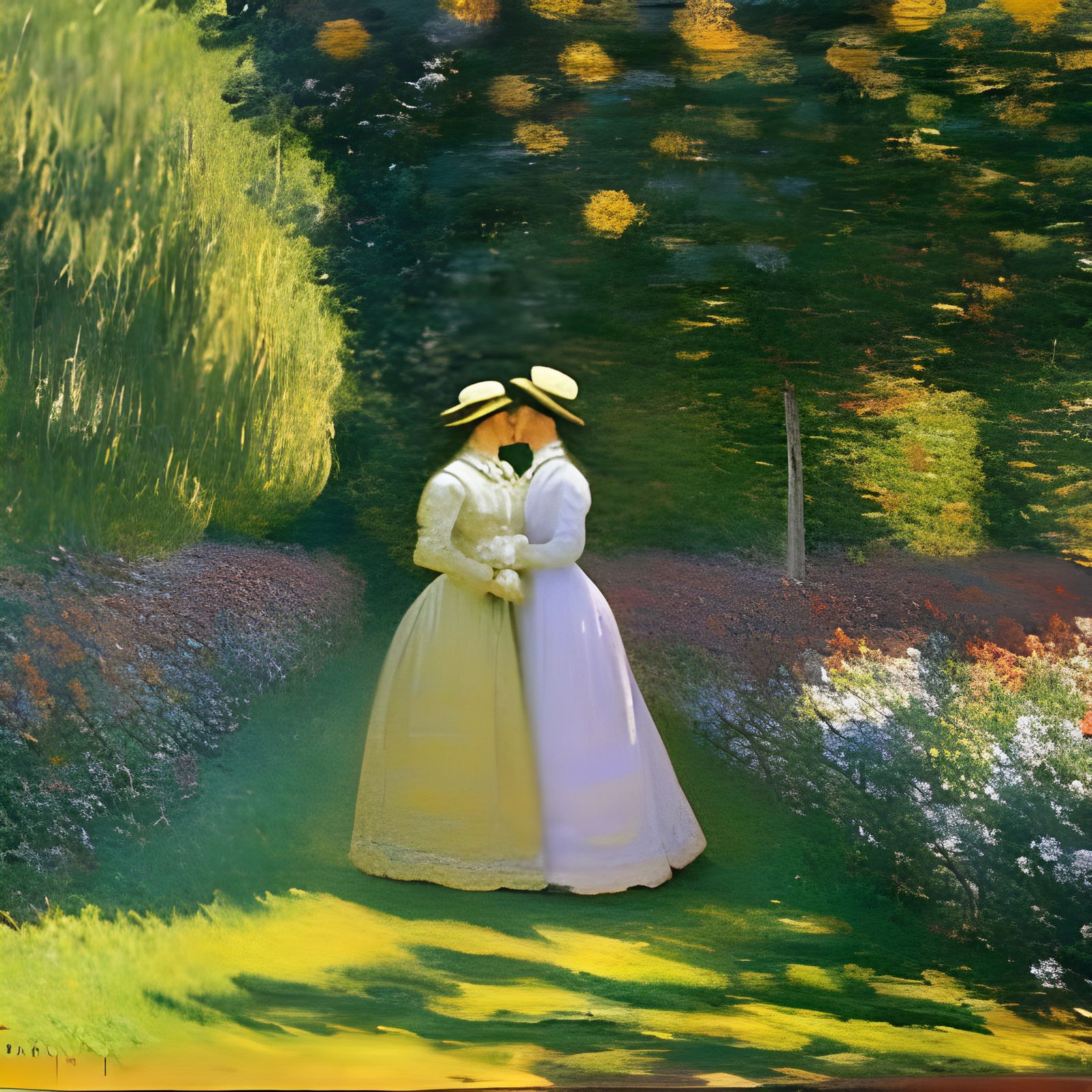 Lovers Kissing in Garden, Impressionist Oil Painting