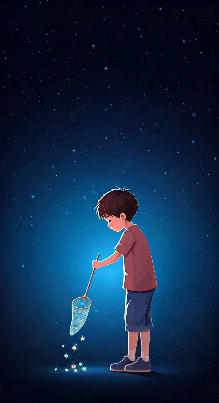 Boy Catches Stars with Fishing Net