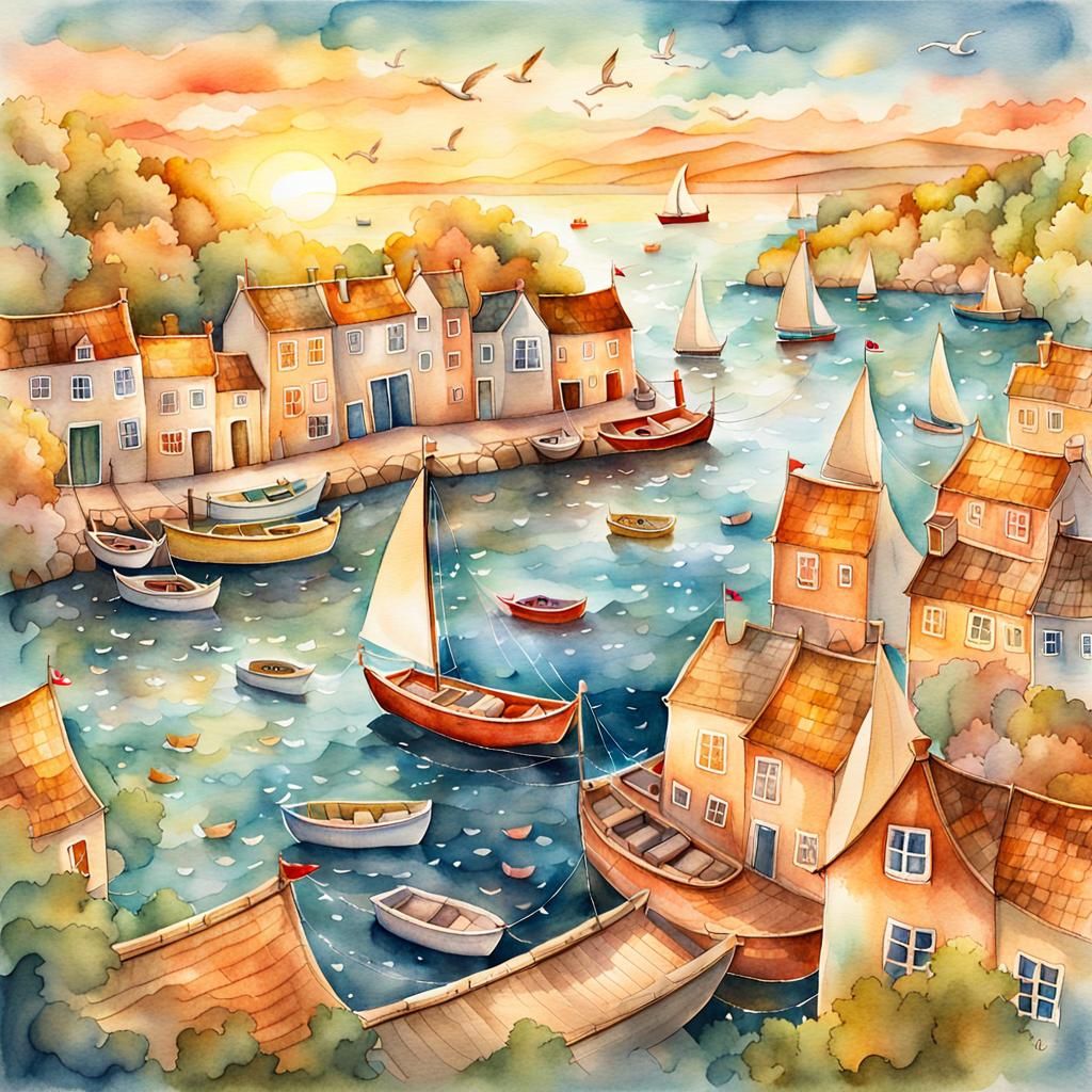 Fantasy Harbour at Sunset: Watercolour Storybook Illustratio...