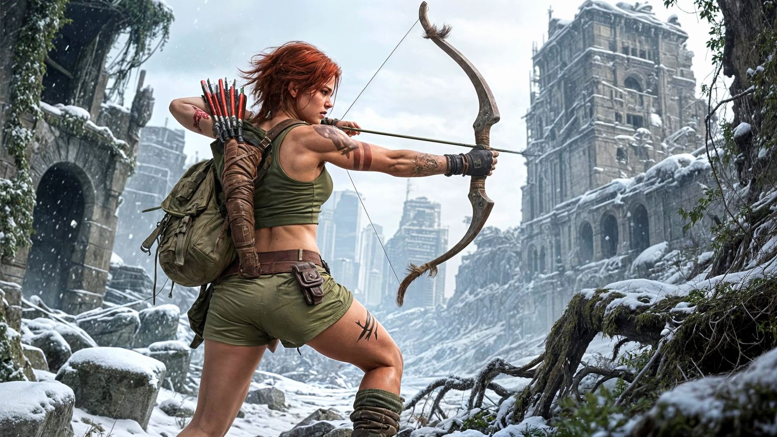 Crimson Archer in Ruined City, Digital Art