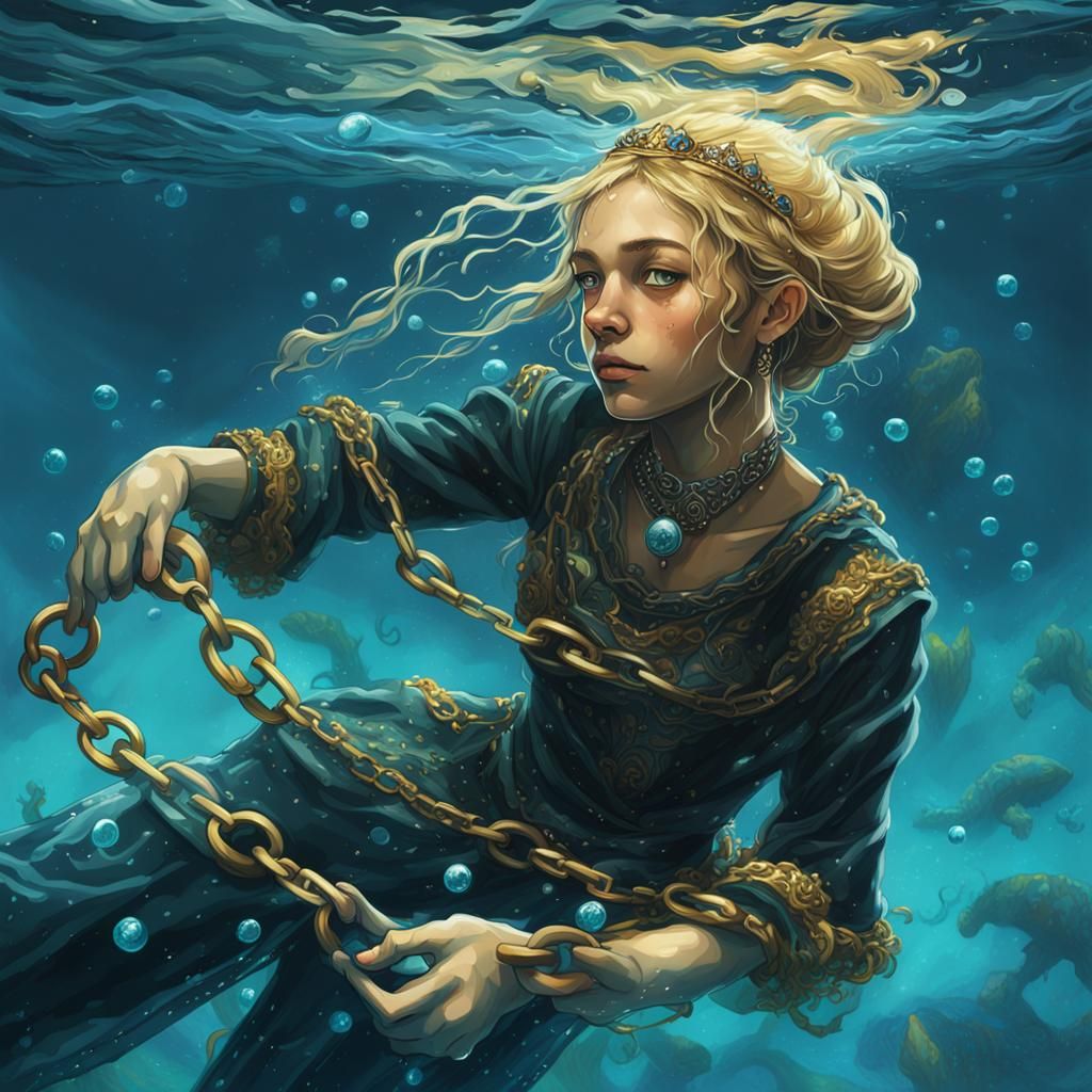 Underwater Princess in Chains: Hyperrealistic Splash Art