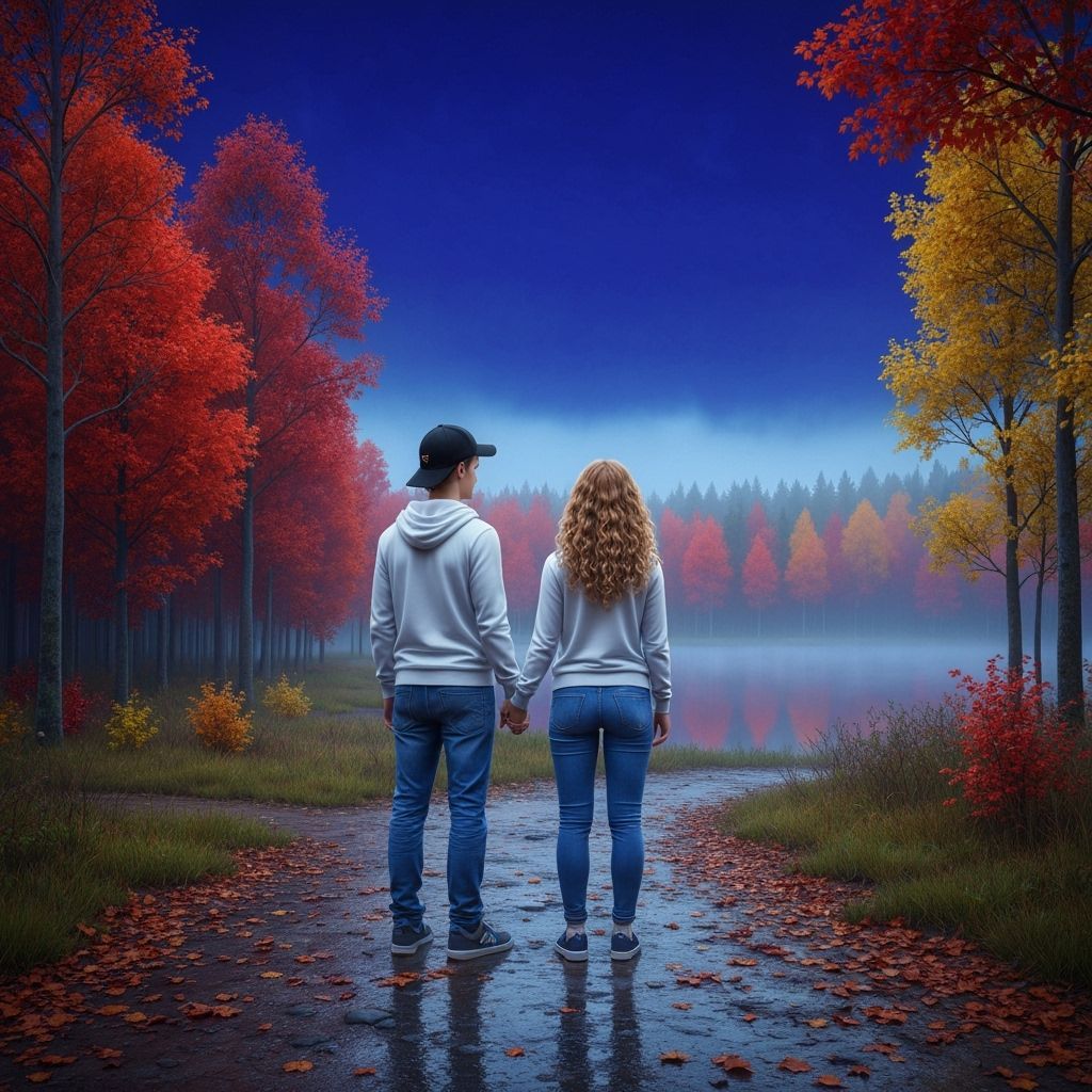 Autumnal Forest Path with Couple in Hyperrealistic Style