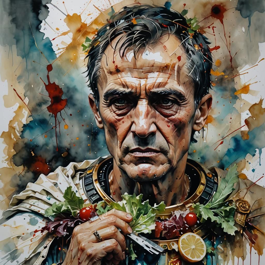 Surreal Caesar Enjoying Salad, Detailed Alcohol Ink Art