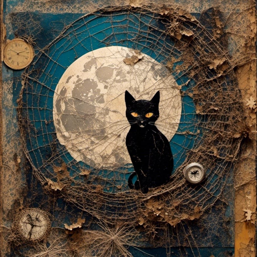 Mystical Cat Collage with Full Moon and Spider Webs