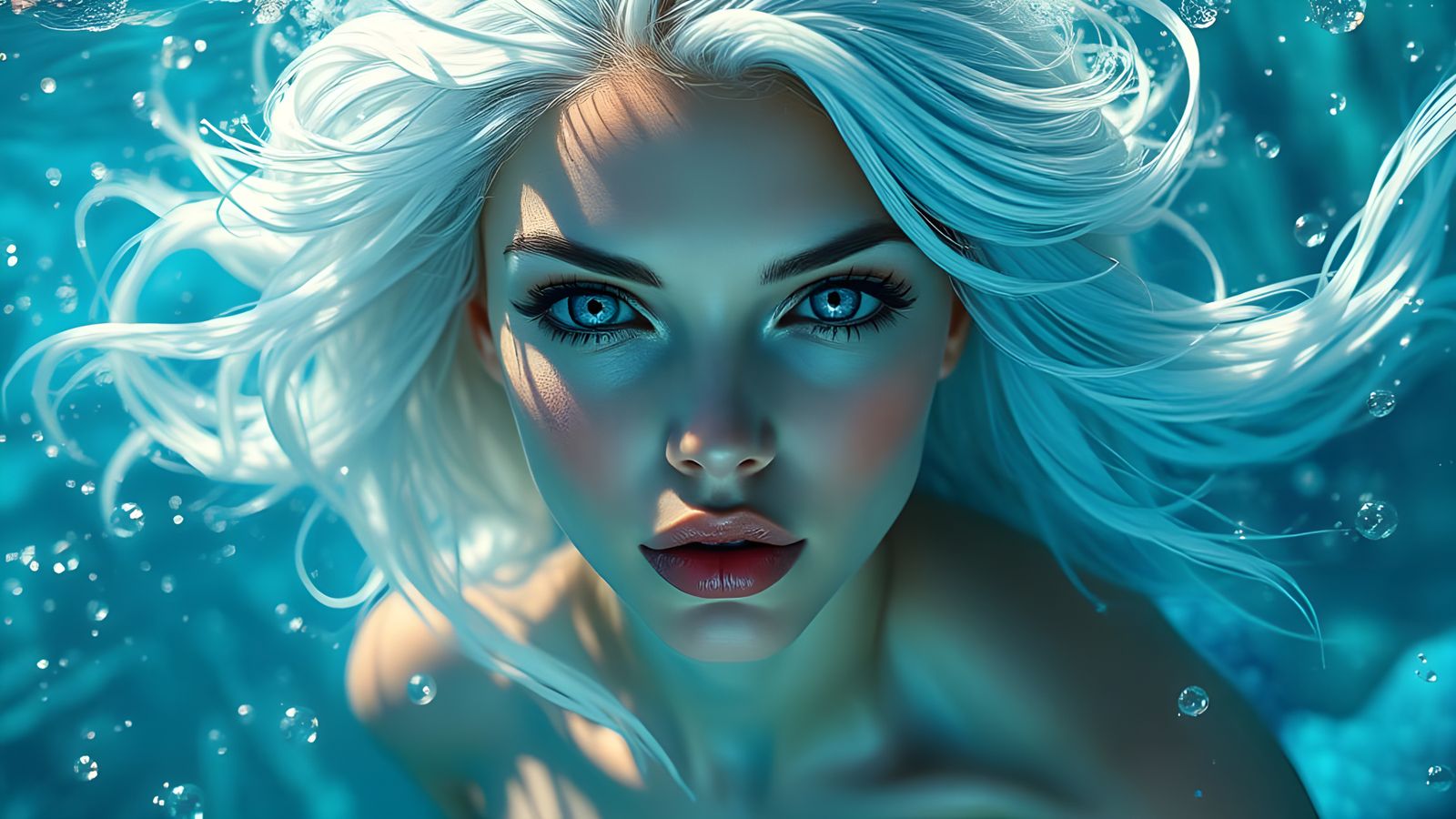 Hyper-Realistic Mermaid Submerged in Crystal-Clear Ocean