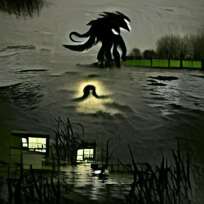 Shadowy Monster Emerges from Black Lagoon on Stormy Night