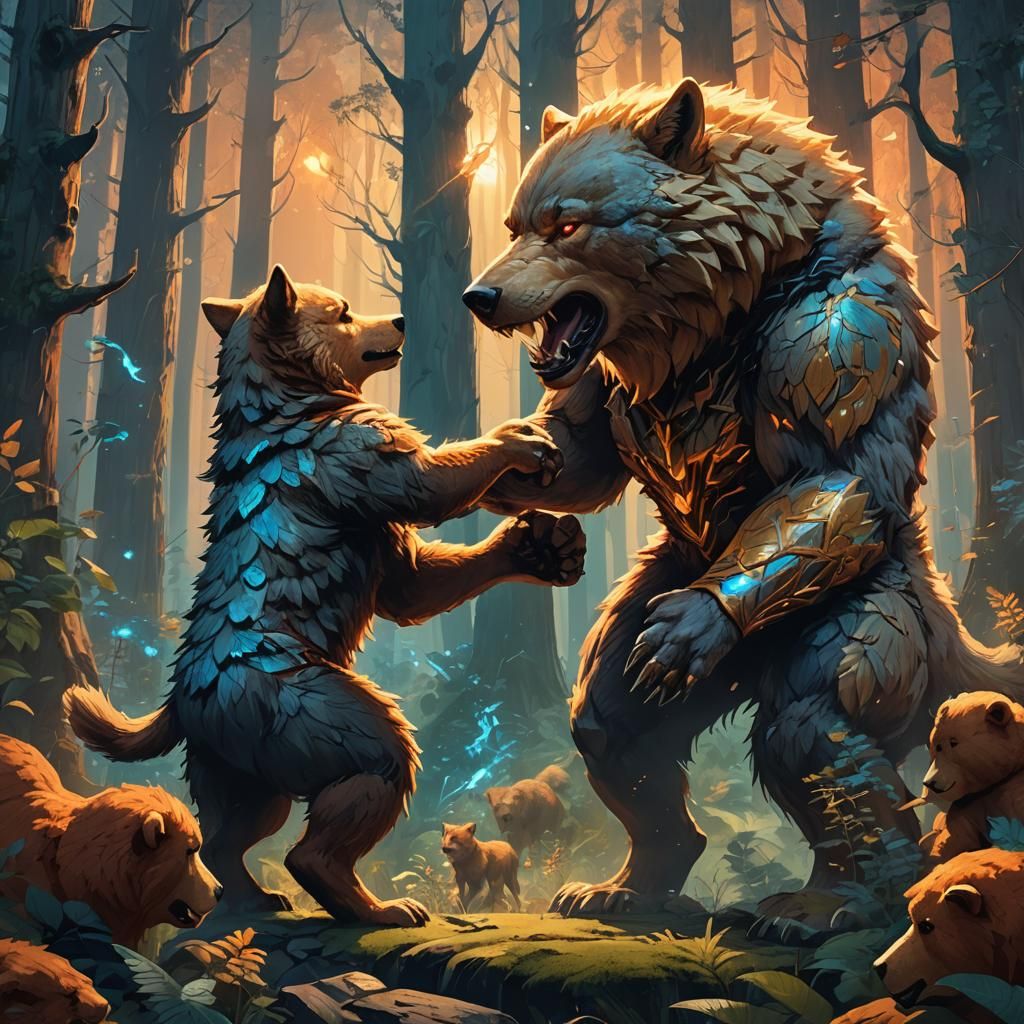 Epic Showdown: Wolves vs Teddy Bears in Mystic Forest