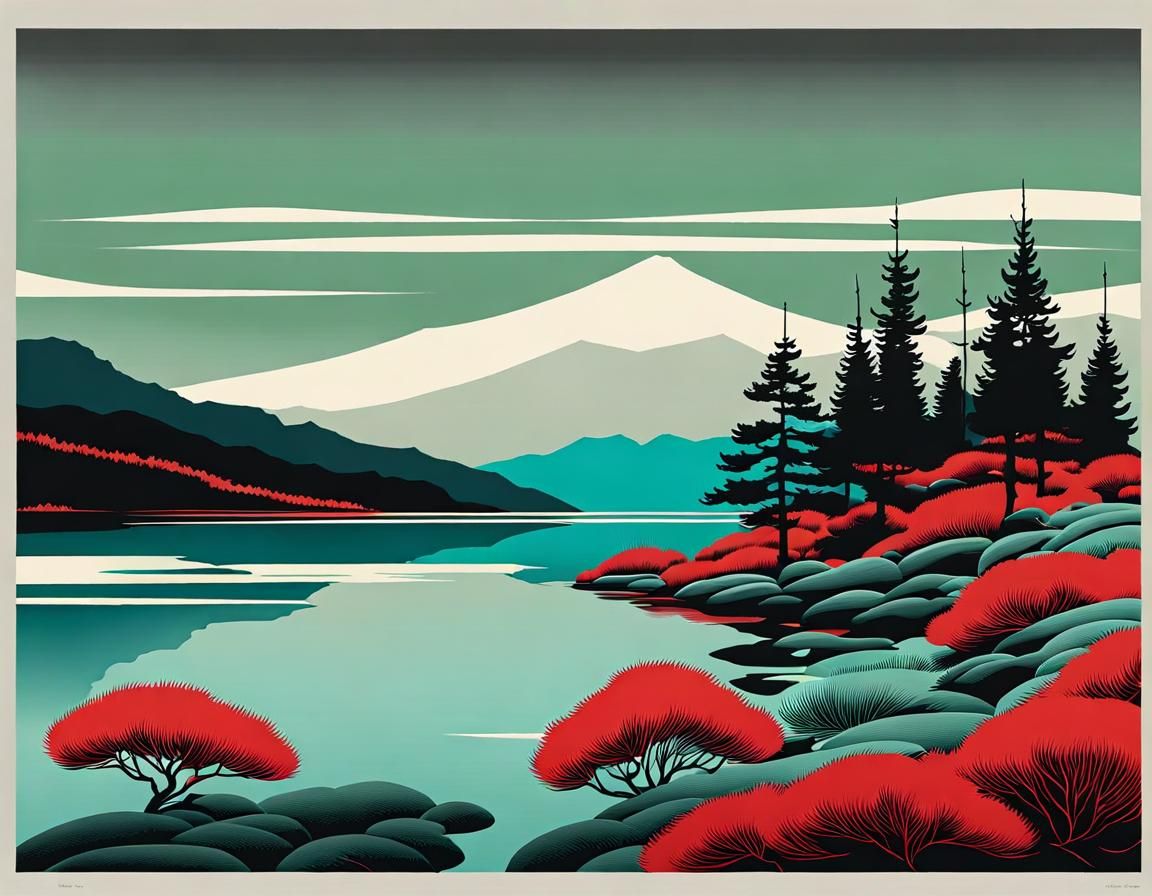 Alpine Lake Landscape in Ukiyo-e Style