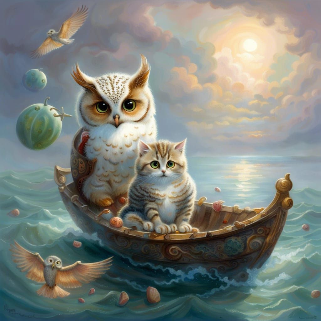 Kitten and Owl's Pea Pod Voyage
