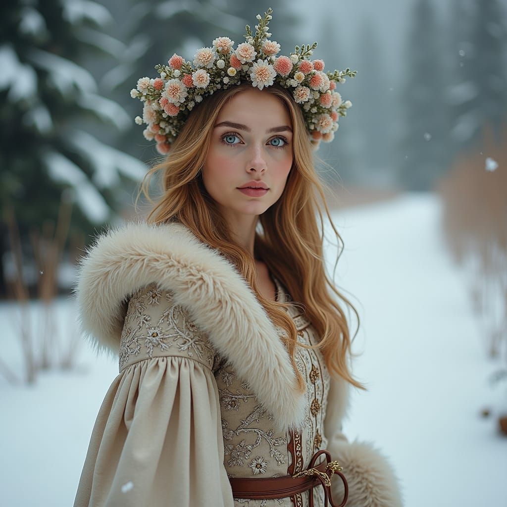 Russian Model in Snowy Landscape, Classical Realism Style