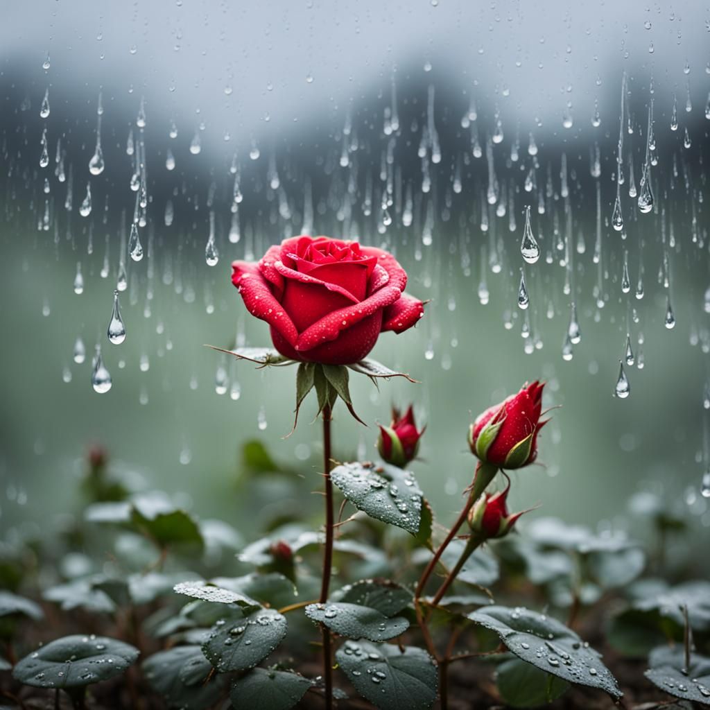 Red Rose with Raindrops on Glistening Ground
