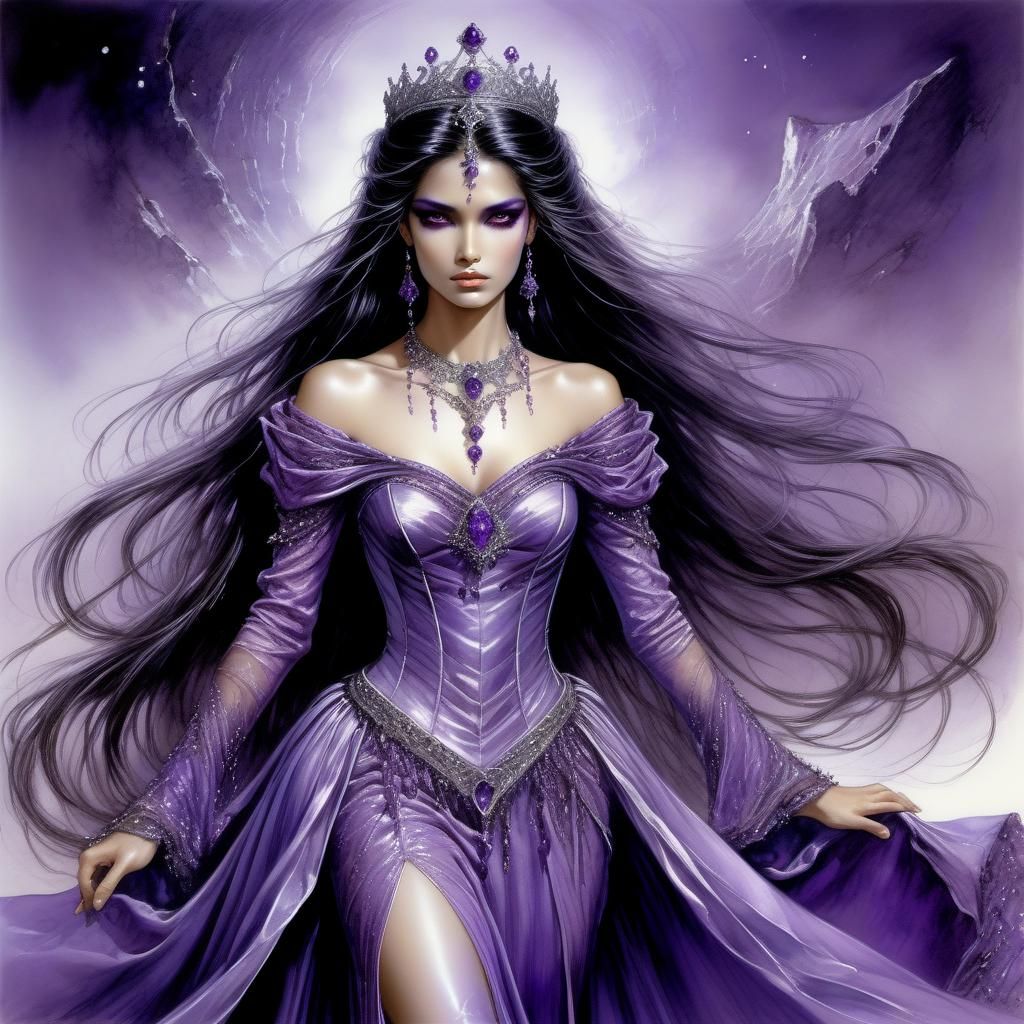 Woman in Violet Gown with Jewels, in Fantasy Style
