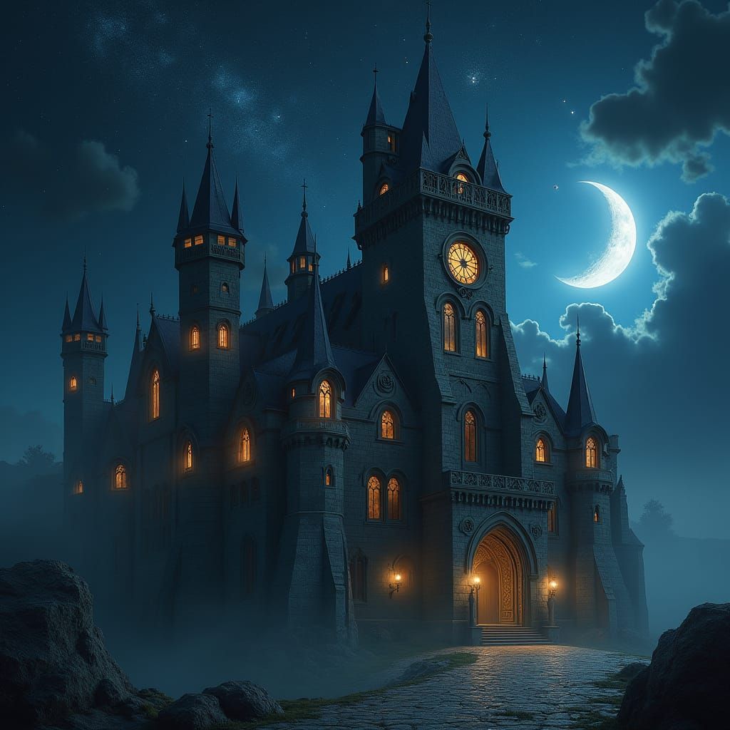Gothic Castle Under a Starry Sky in Dark Surrealism