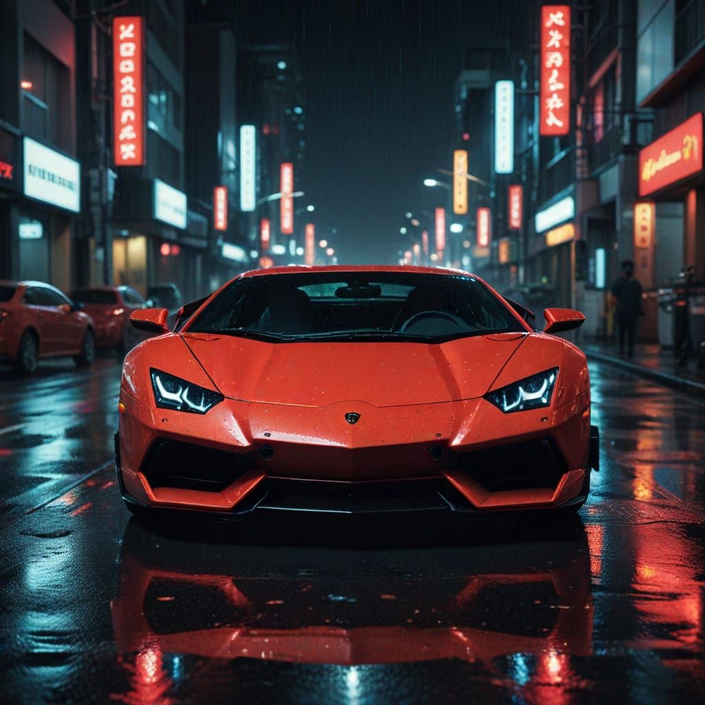 Neon Lamborghini in Rainy Tokyo: Cinematic Noir