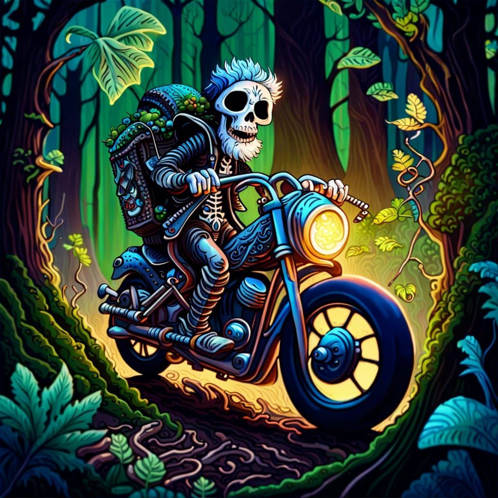 Hobo Skeleton Motorcycle Ride in Fantasy Forest