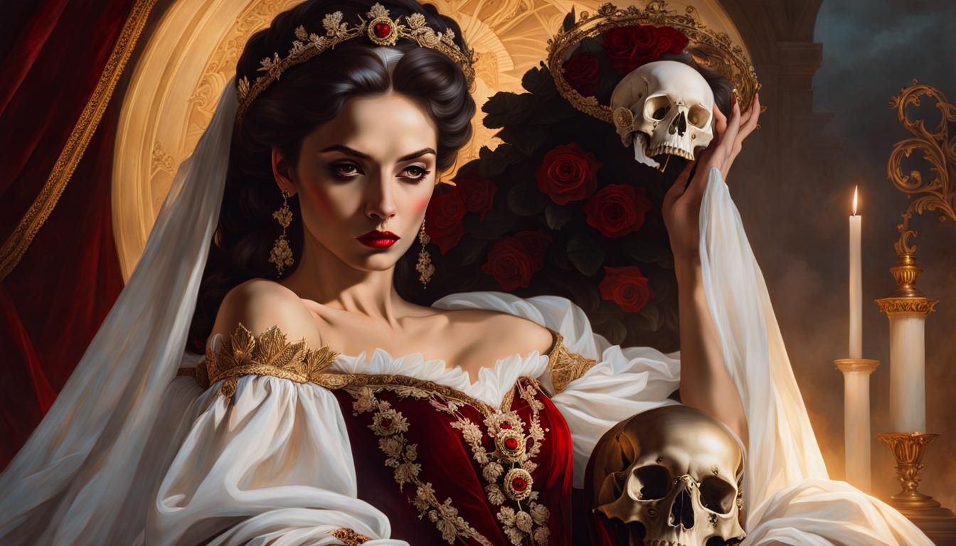 Gothic Baroque Portrait of Woman with Skull