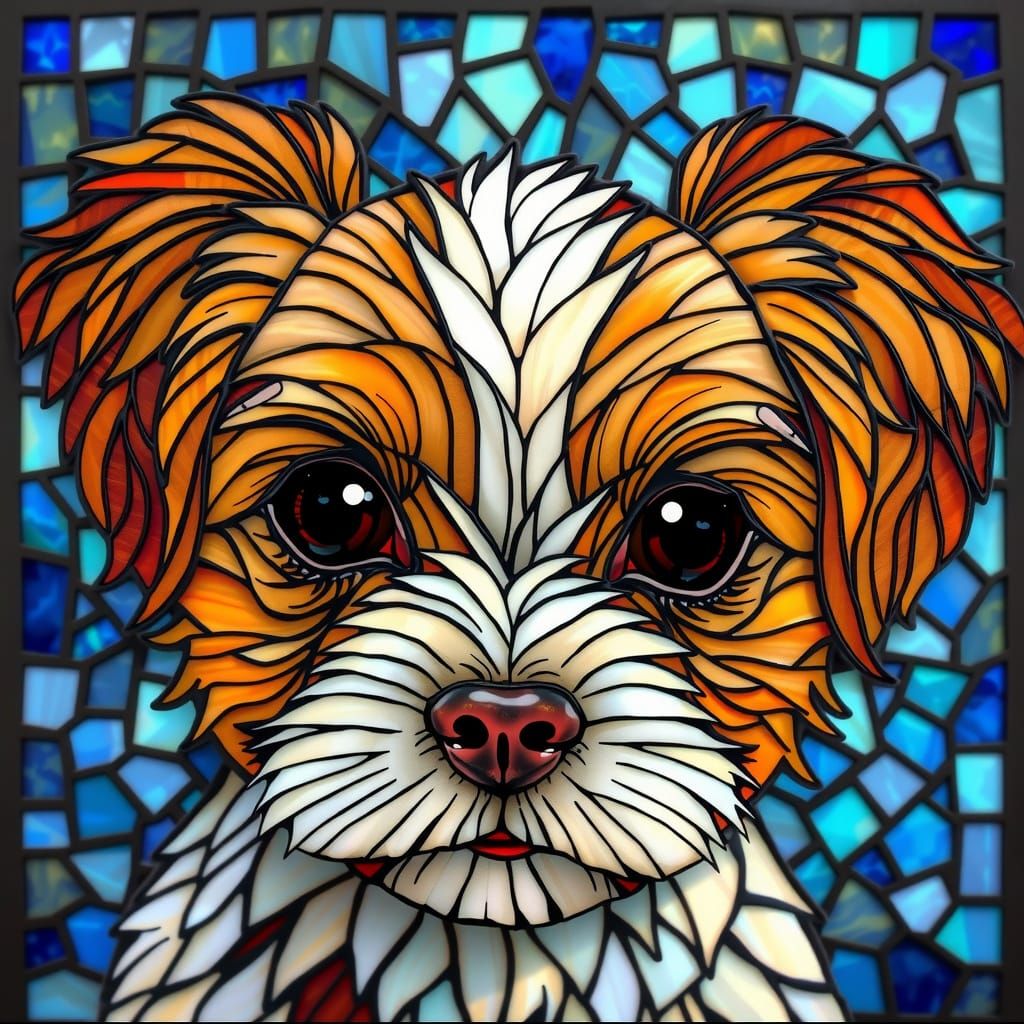 Stained Glass Shih-Tzu Portrait in Vibrant Blue Mosaic