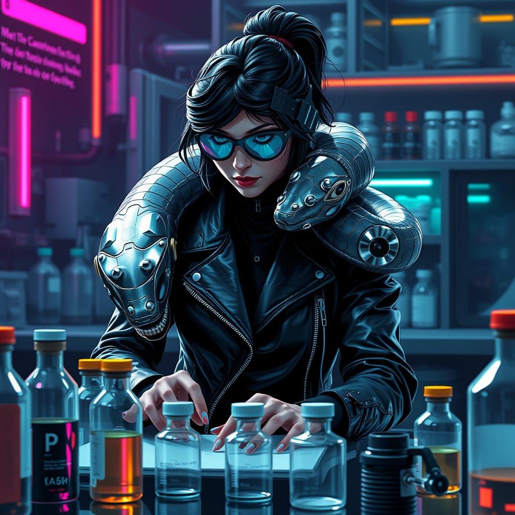 Cyberpunk Neurochemist with Serpent in Neon Lab