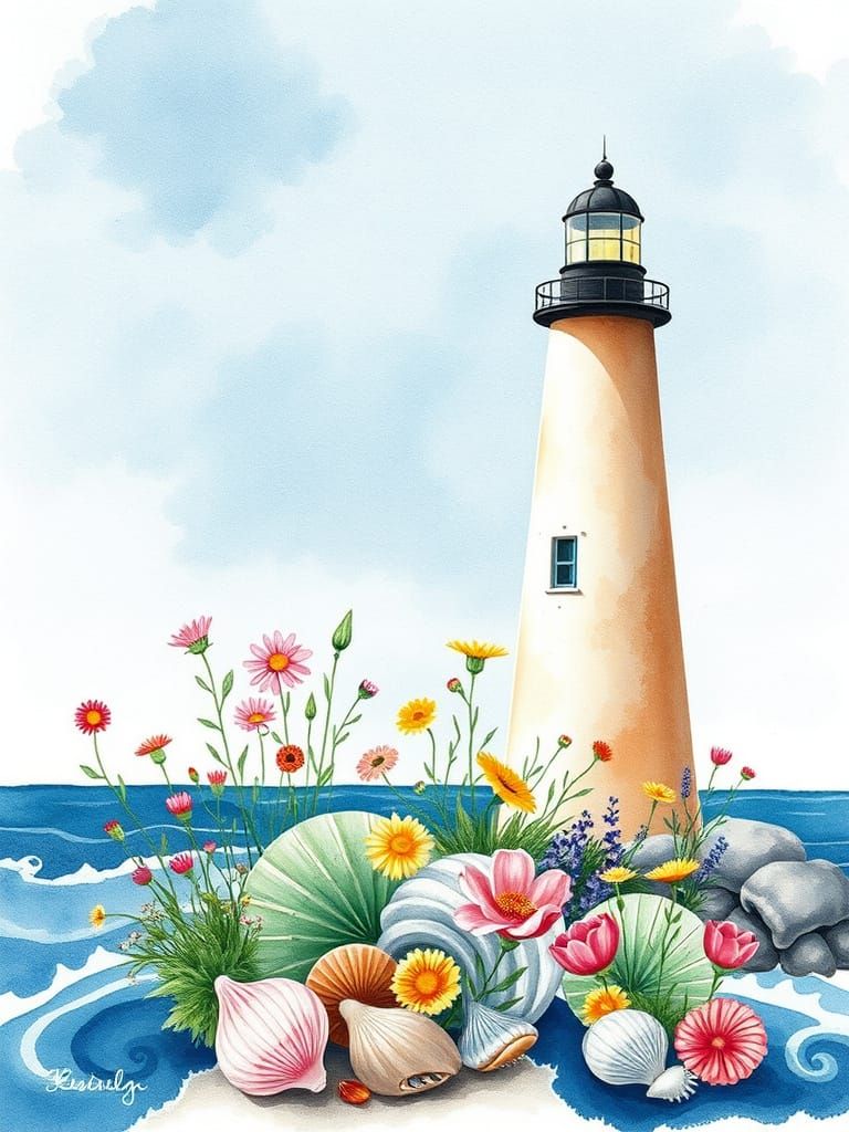 Watercolor Lighthouse Scene with Ocean Waves and Wildflowers