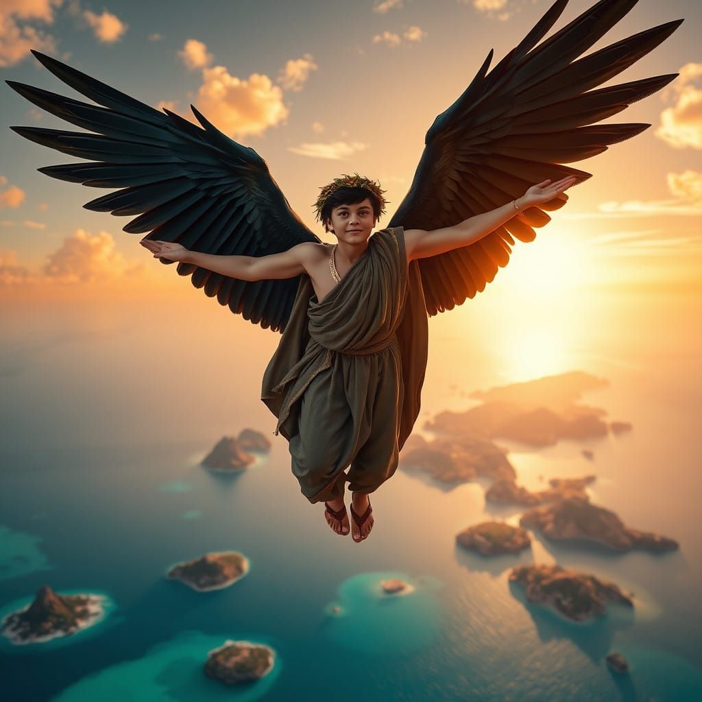 Ancient Greek Youth Descends from the Heavens with Majestic....