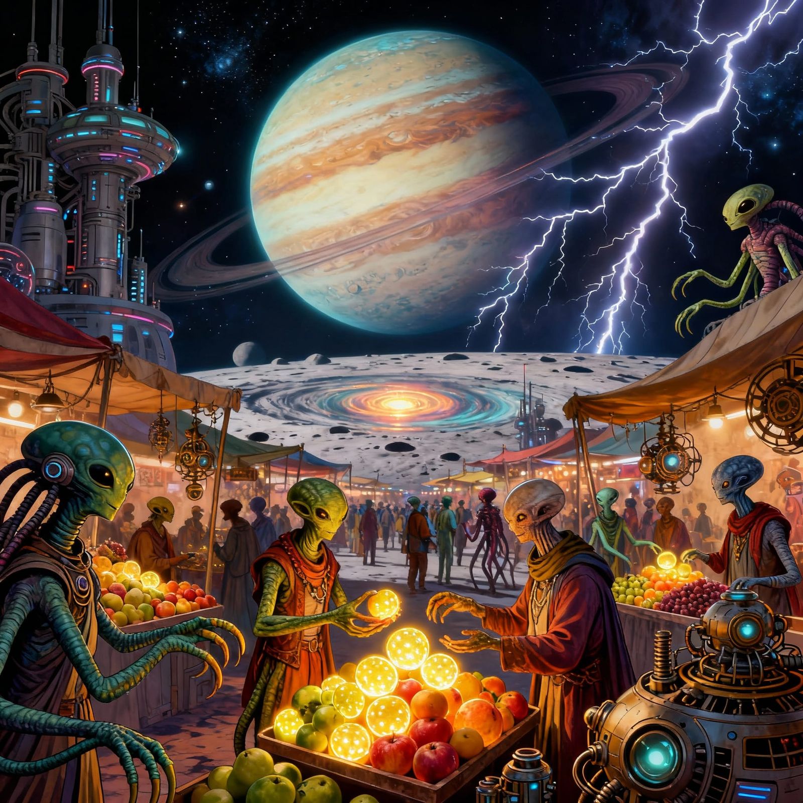 Alien Marketplace on Jovian Moon with Retro-Futuristic Style