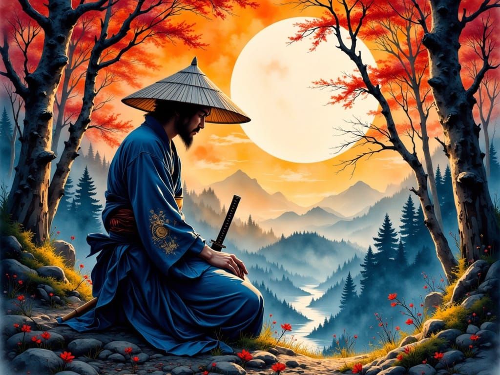 Ethereal Japanese Swordsman in Moonlit Forest