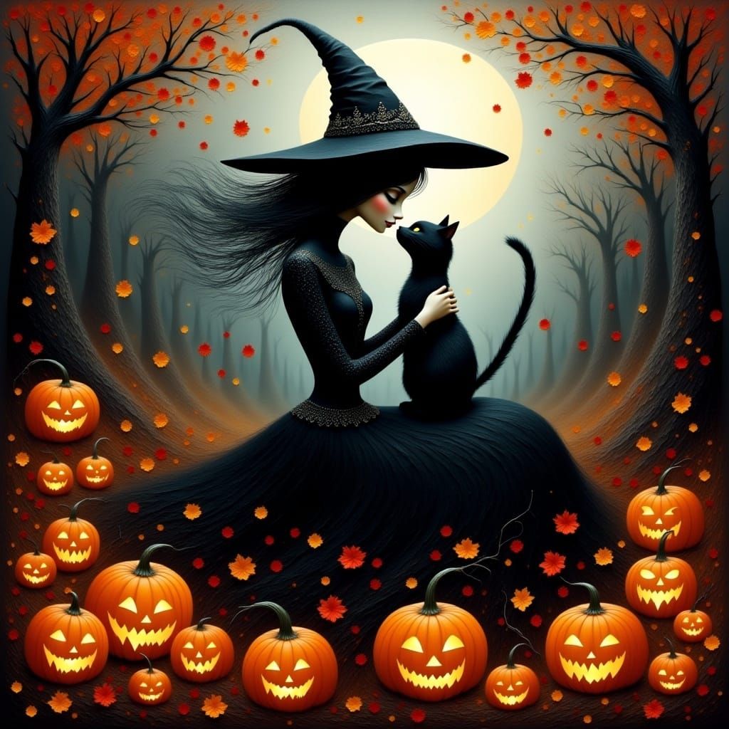 Mystical Witch and Cat in Autumnal Gothic Style