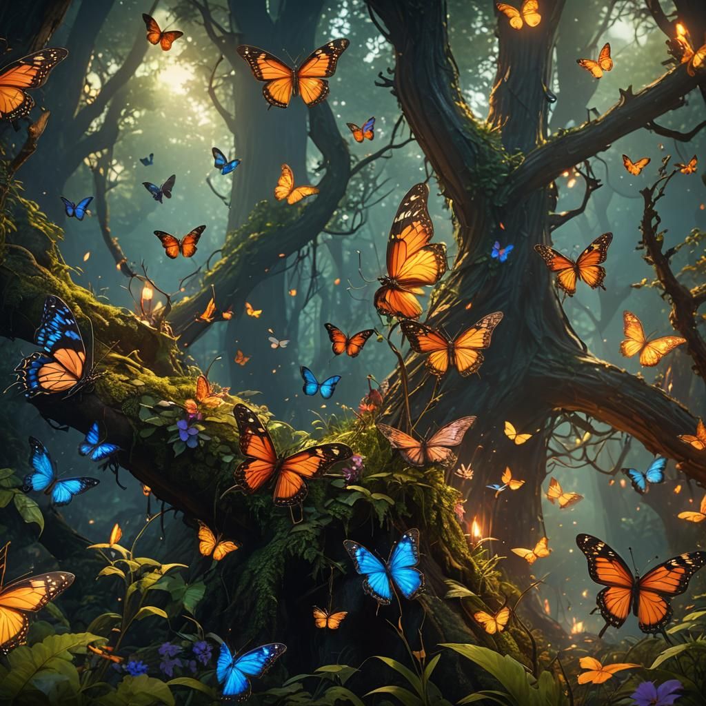 Firefly Butterfly in an Enchanted Forest